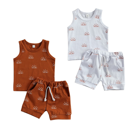 lioraitiin 0-3Years Toddler Baby Boy Girl Clothes Sets Sun Print Sleeveless Pullover Vest Shorts  2 Colors 2Pcs Outfit