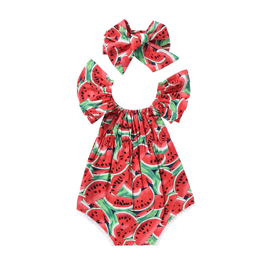 Pudcoco US Stock New Fashion Toddler Baby Girls Print Watermelon Clothes Outfits Off Shoulder Jumpsuit Romper+Headband Playsuit