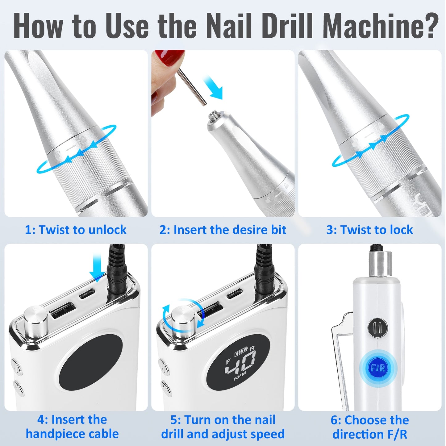 40000RPM Electric Nail Drill Machine Rechargeable Manicure Machine With LCD Display Portable Cordless Nail Sander Nail Art Tool