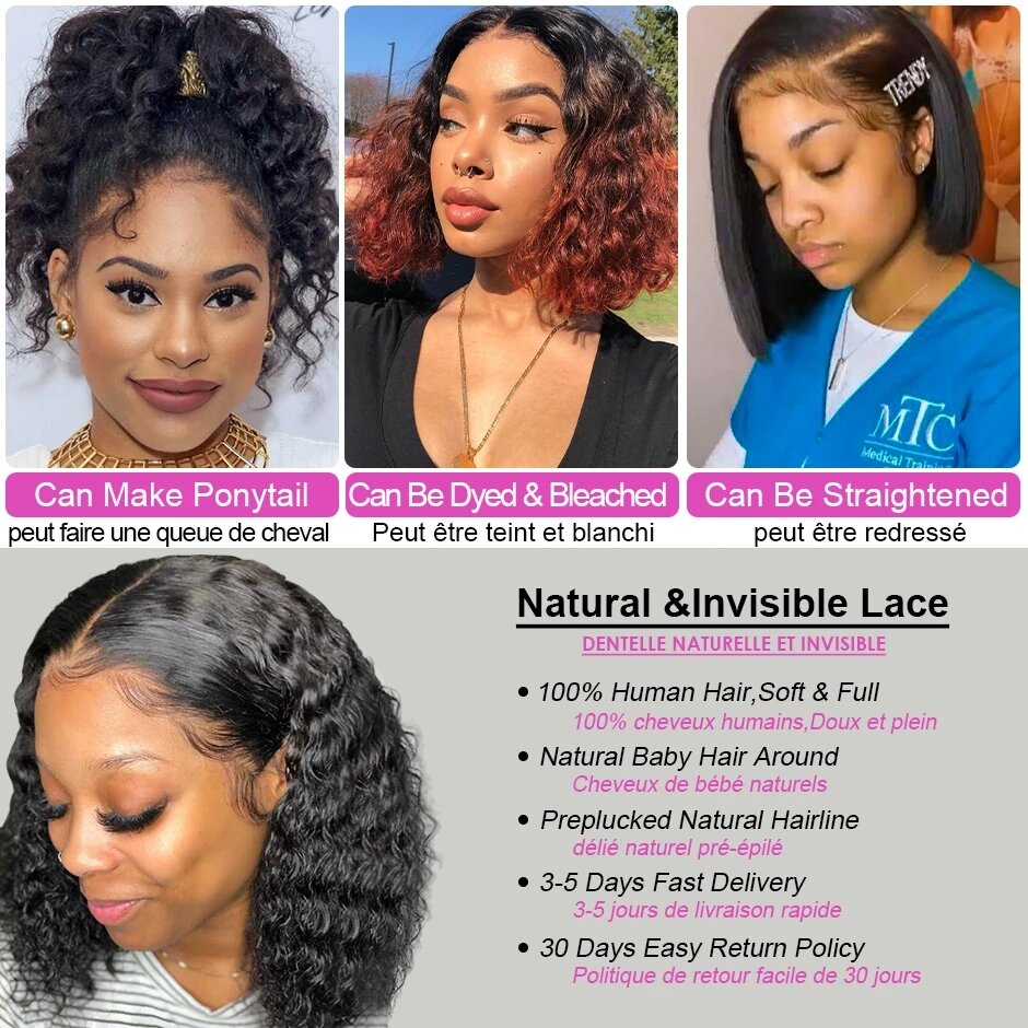 Short Bob Curly Human Hair Wigs For Women Brazilian Deep Wave Transparent Lace Frontal Wig Sale 13x4 Lace Front Wig Pre Plucked