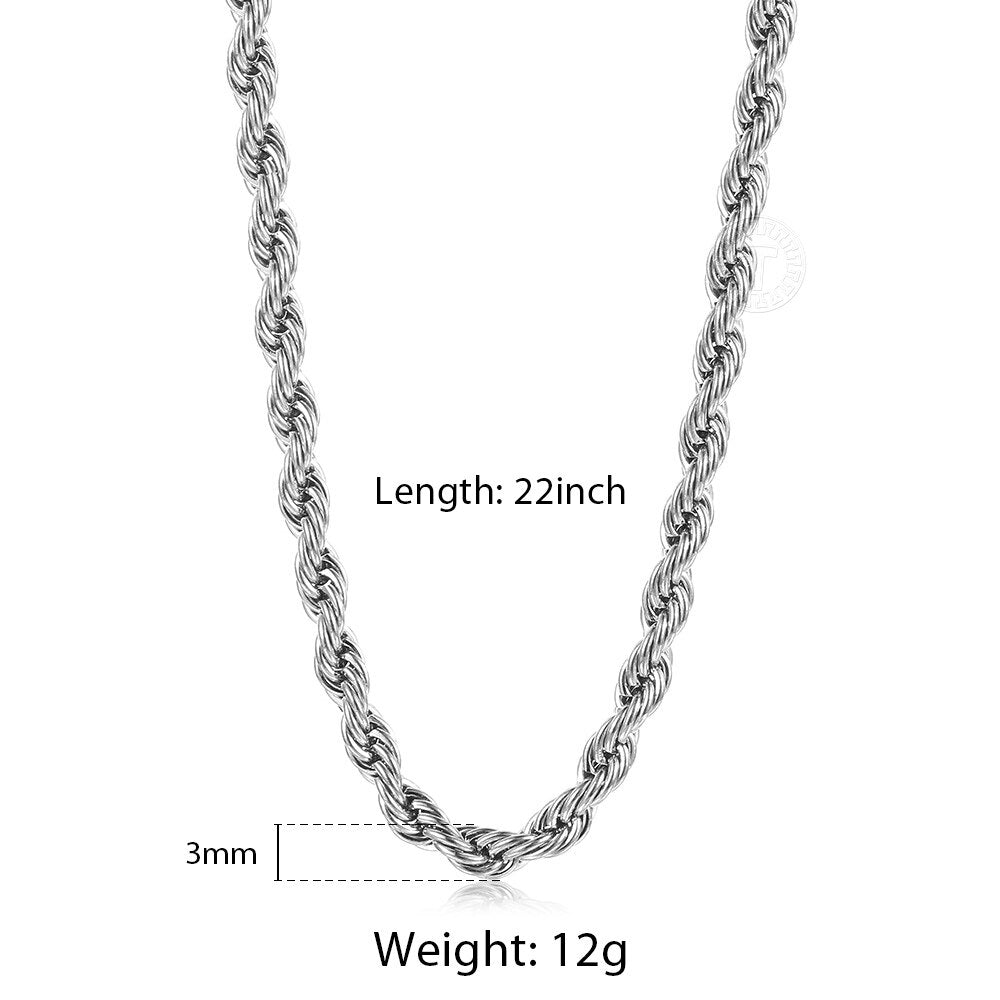 3/5/7mm Twisted Rope Chain Necklace Stainless Steel Choker Men Women Jewelry Gold Silver Color Chains Gift 22inch KNM178US