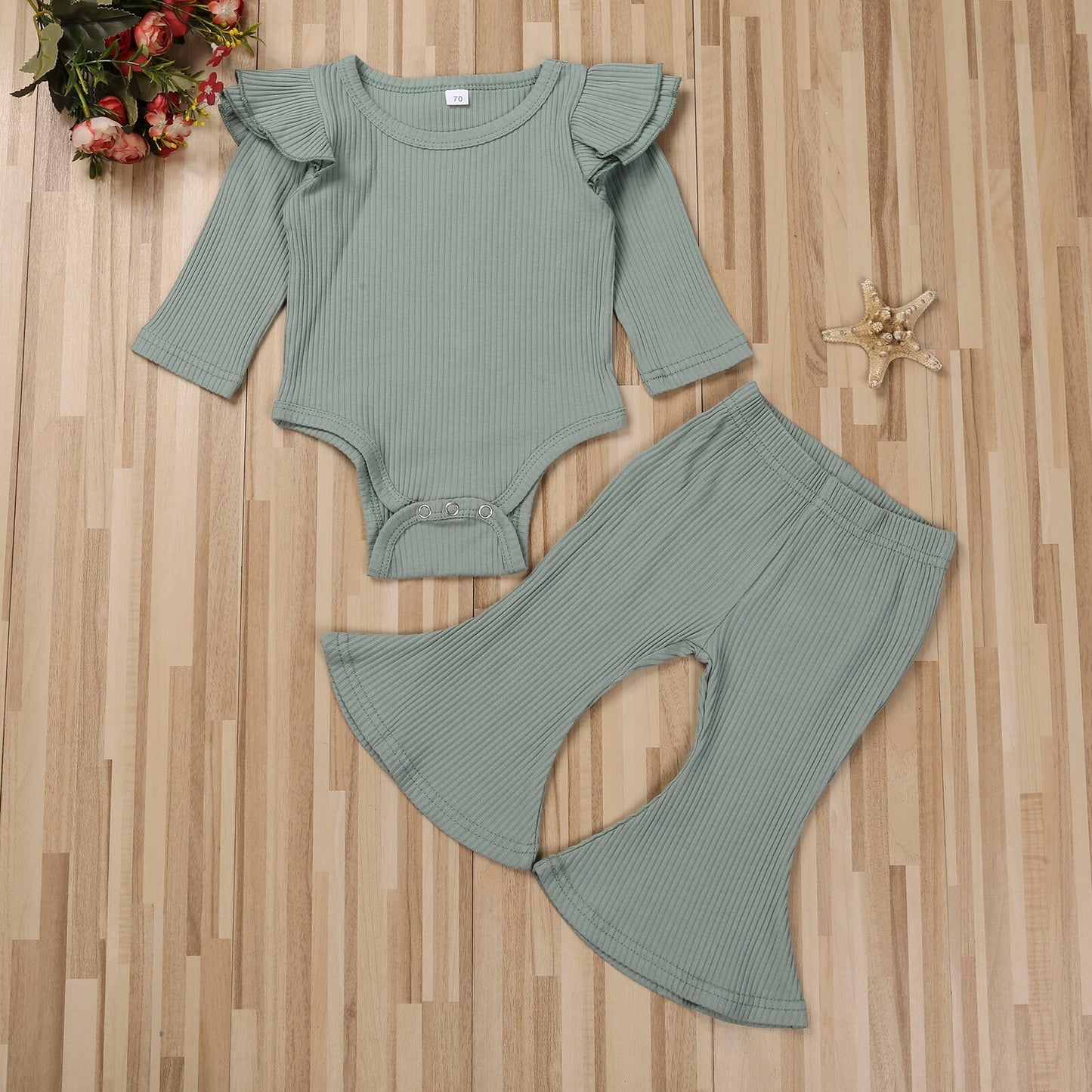 lioraitiin 0-24M Baby Girls Clothing Sets Ruffles Long Sleeve Rompers Tops+Flare Pants Casual Ribbed Knitted Outfits 10 Colors