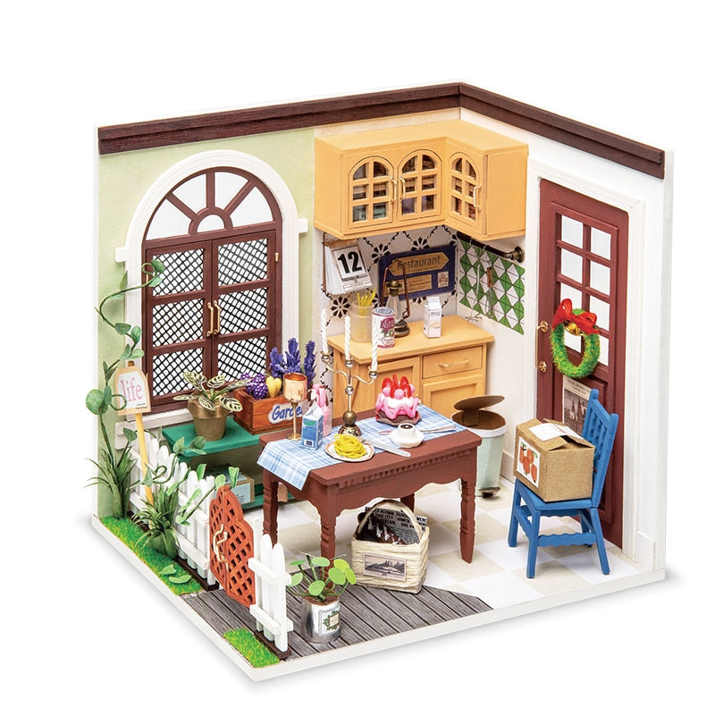 Robotime DIY Studio Bedroom Dining Room House with Furniture Children Adult Doll House Miniature Dollhouse Wooden Kits Toy DGM