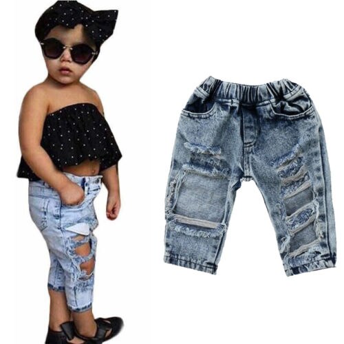 Pudcoco US Stock New Fashion Kids Girls Patch Denim Pants Stretch Elastic Trousers Jeans Ripped Clothes Patch