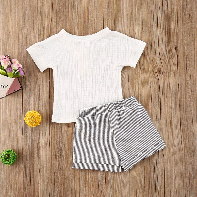 lioraitiin 0-3Years Toddler Baby Girl Clothing Set Short Sleeve White Cotton Top Shirt Striped Printed Shorts 2Pcs Outfit Set