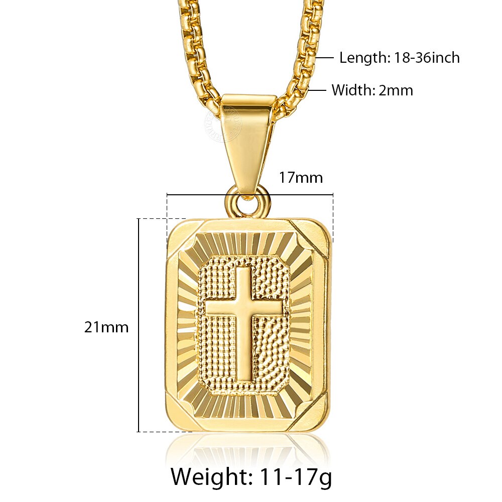 New Square Christian Cross Pendant Necklace Gold Color Jesus Christ Crucifix Charm Stainless Steel Box Chain for Men Women GP422