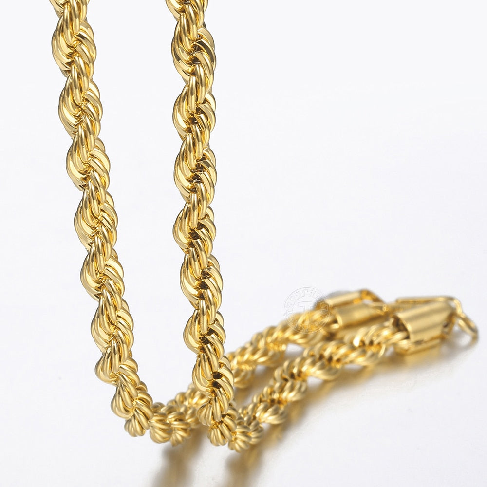 New Fashion Twisted Rope Link Chain Gold Color Stainless Steel Necklace for Men Unisex Chain Jewelry Gifts 22inch 3-7mm KNM178A