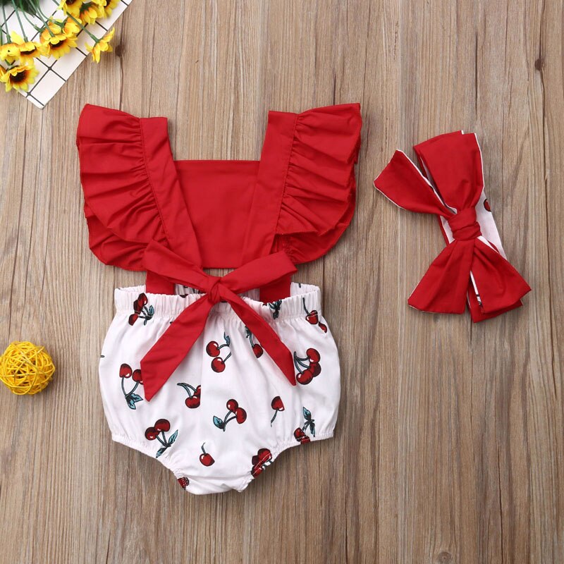 Pudcoco US Stock 2Pcs Newborn Kids Baby Girl Ruffle Romper Print Cherry Big Bow Headband 2PCS Outfits Summer Set 0-18M