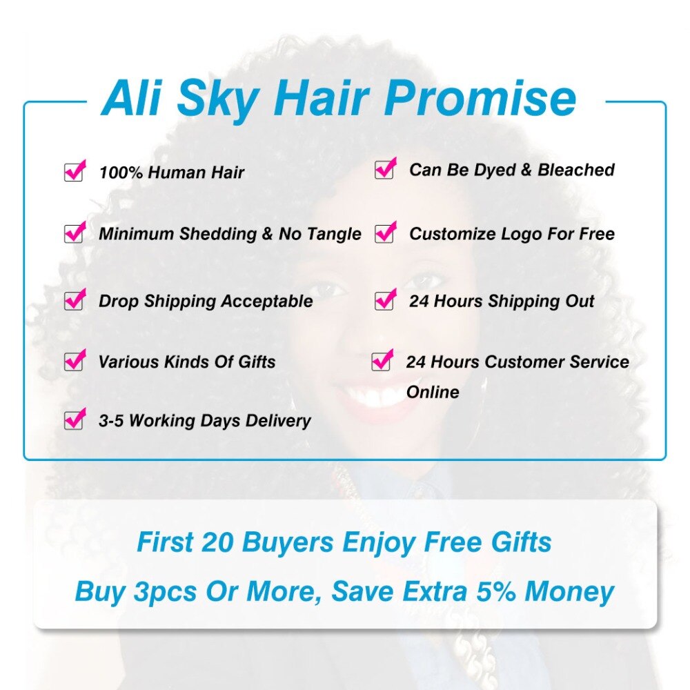 Ali sky Hair Malaysian Afro Kinky Curly Hair 4 bundles with 5x5 HD Lace Closure Free/Middle/Three Part Remy Human Hair Extension