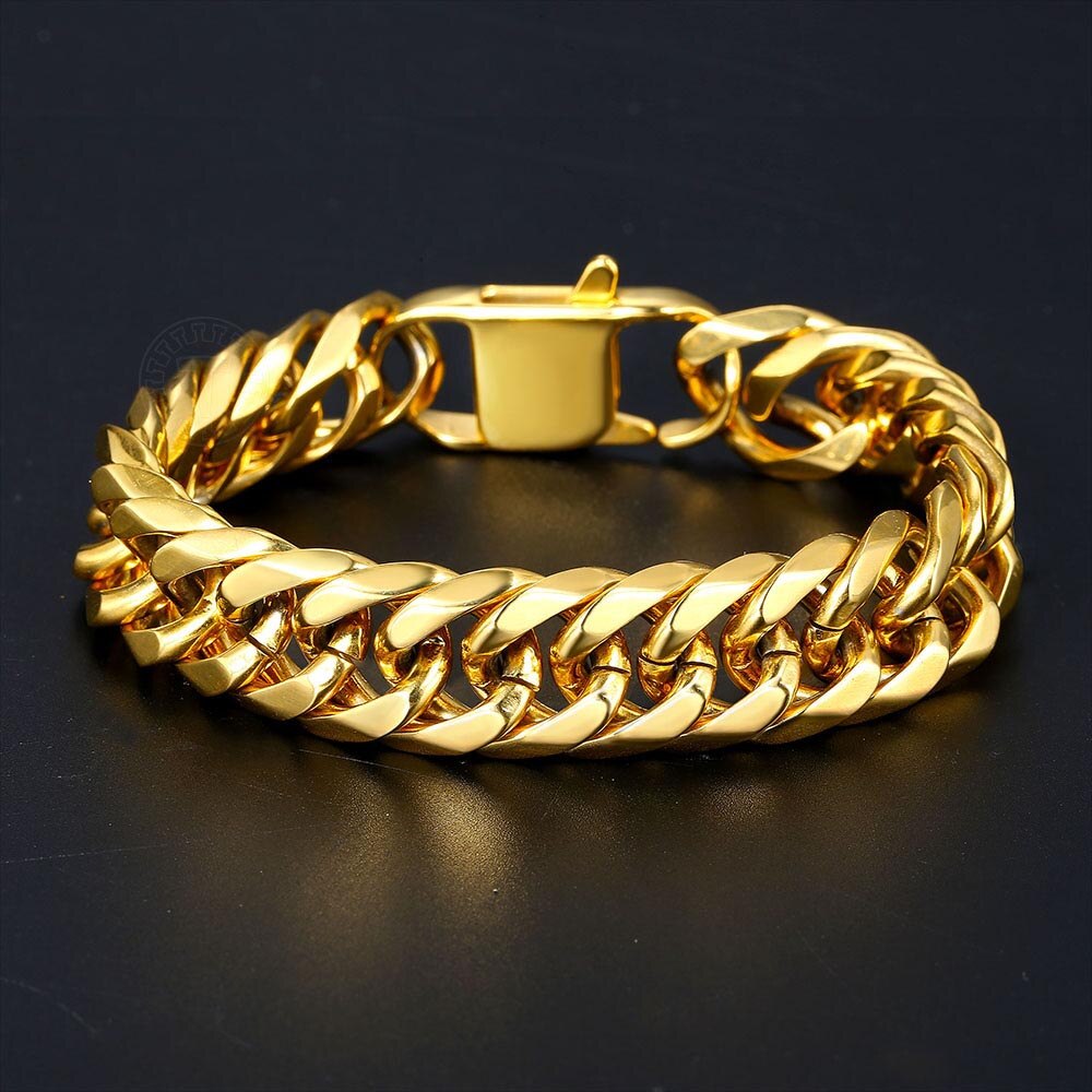 10/15mm Mens 316L Stainless Steel Bracelet Heavy Cut Double Curb Link Rombo Chain for Men Boy Gold Silver Color 7-11" DHBM117