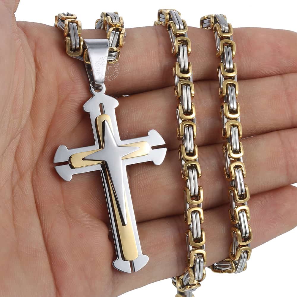 Men's Cross Necklace Gold Color Black Cross Pendant Stainless Steel Byzantine Chain Necklace 2020 Hip Hop Male Jewelry KP180