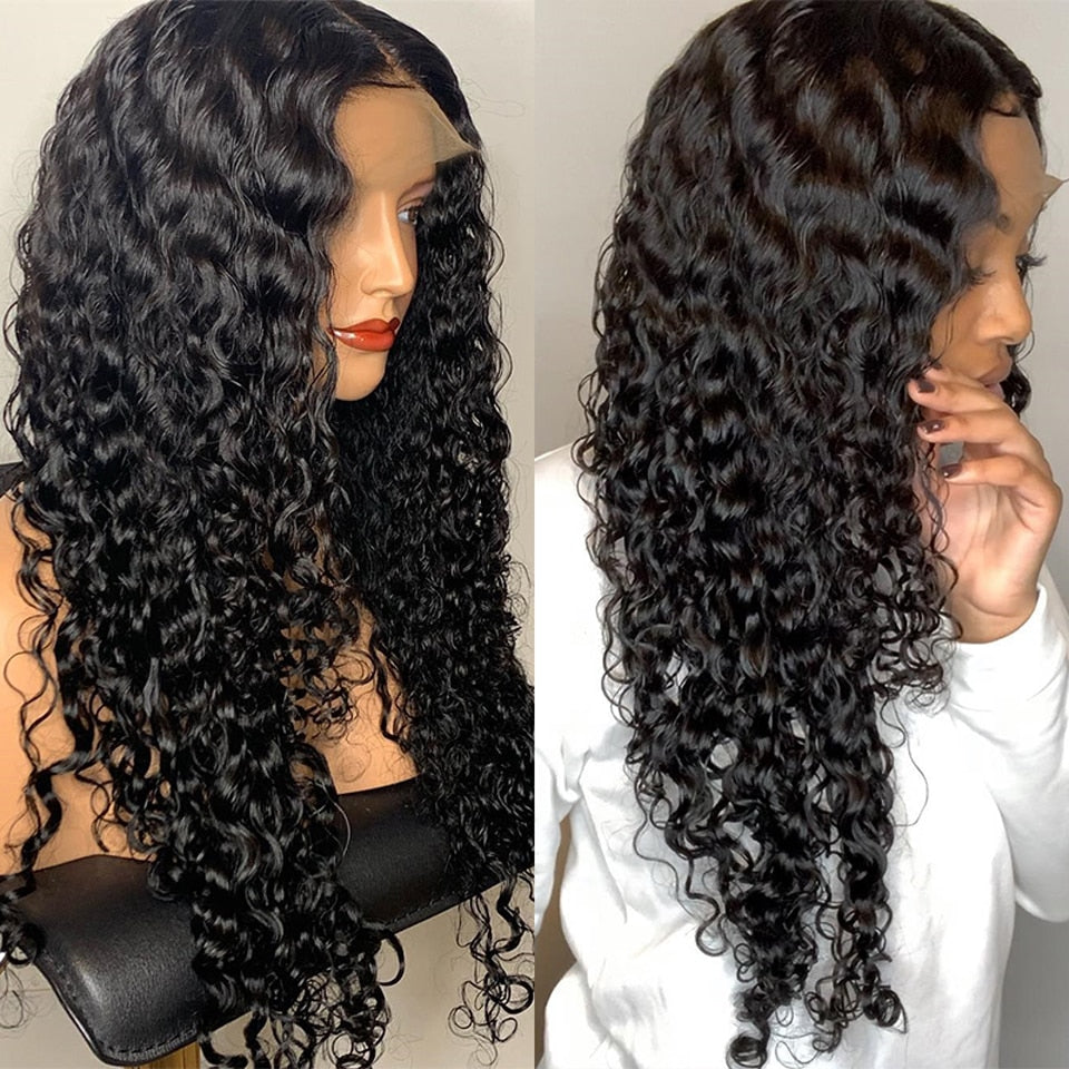 Water Wave 13x4 Transparent Lace Frontal Wigs Pre Plucked Peruvian Lace Closure Wigs For Women Curly Lace Front Human Hair Wig