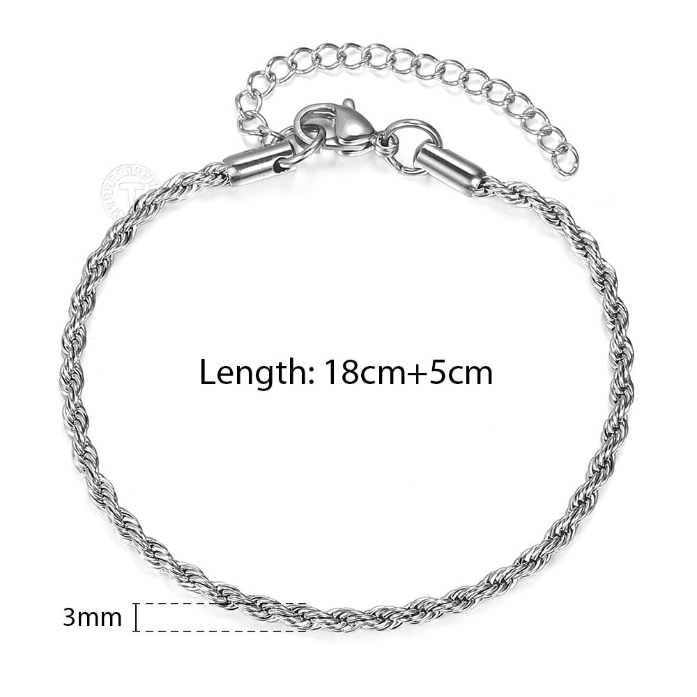 Vintage Mens Womens Stainless Steel Rope Bracelets 2/3/4/5mm Twisted Cable Chain Wrist Jewelry Length Adjustable KBB13C