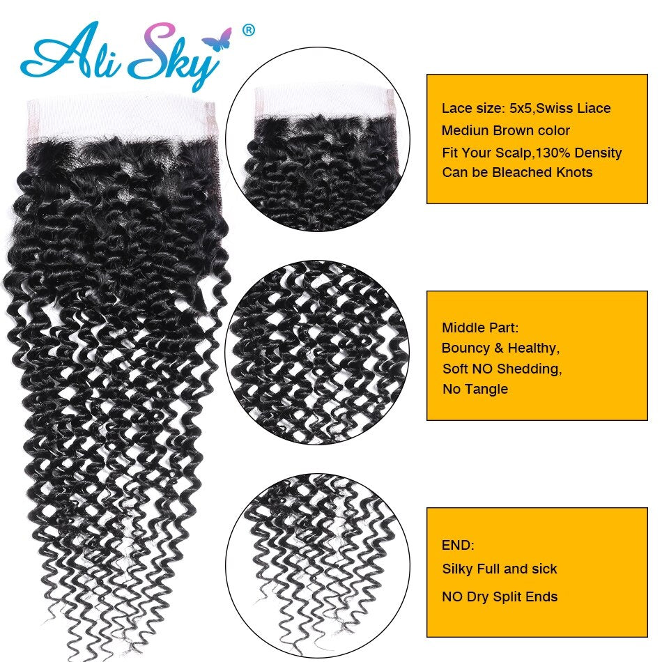 Ali sky Hair Malaysian Afro Kinky Curly Hair 4 bundles with 5x5 HD Lace Closure Free/Middle/Three Part Remy Human Hair Extension