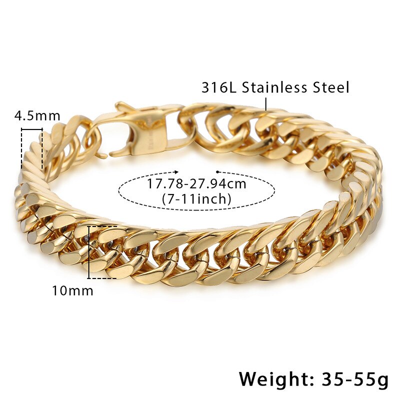 10mm 15mm Gold Color Black 316L Stainless Steel Bracelet for Men Double Curb Cuban Link Rombo Heavy Hiphop Male Jewelry HB513