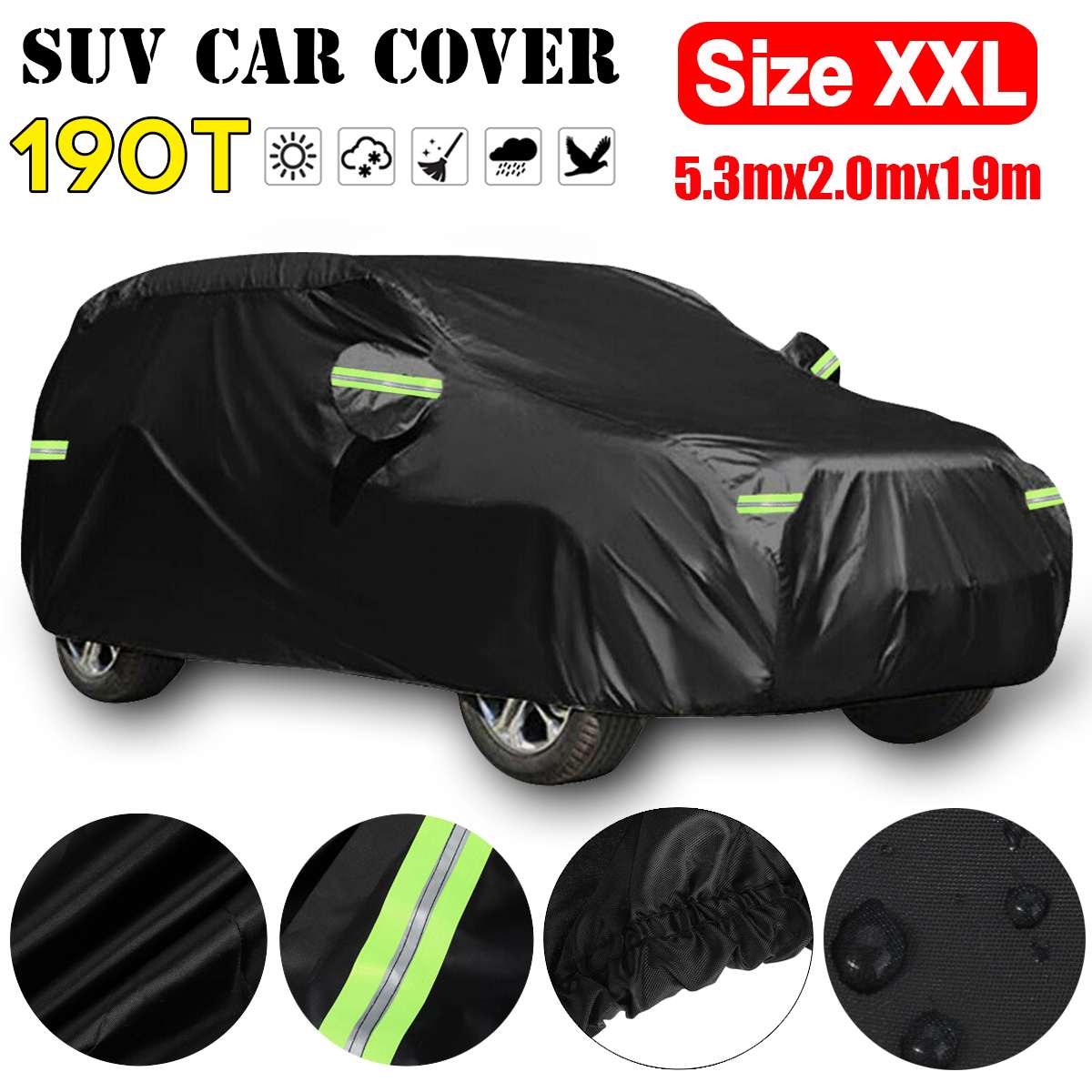 Full Car Cover 190T Waterproof Universal SUV Snow Cover Anti UV Sunshade Vehicle Dustproof Case Cover Black w/ Reflective Strip