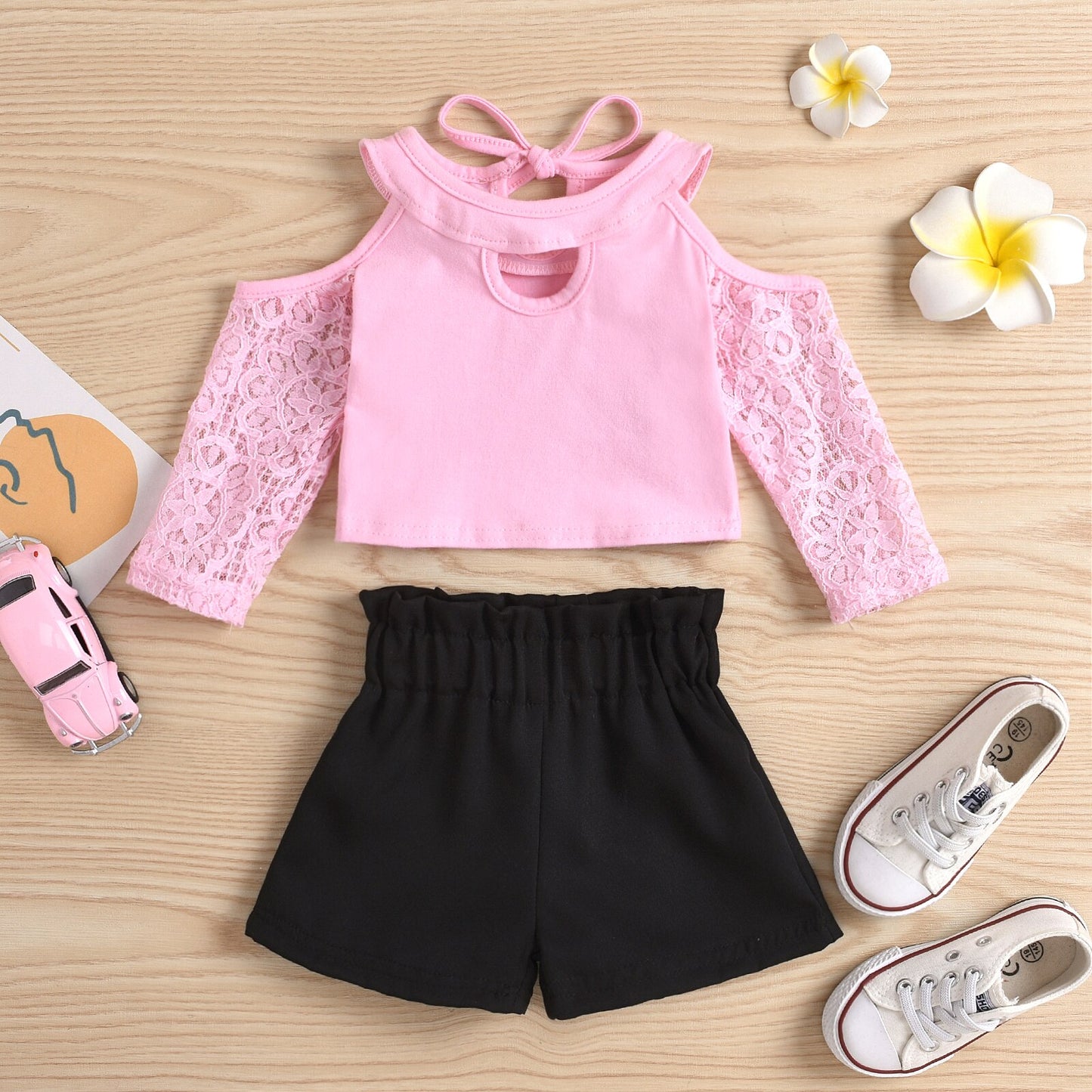 lioraitiin 0-18M Newborn Infant 2Pcs Toddler Girl Summer Outfits Lace Off-Shoulder Long Sleeves Blouse High-Waist Shorts