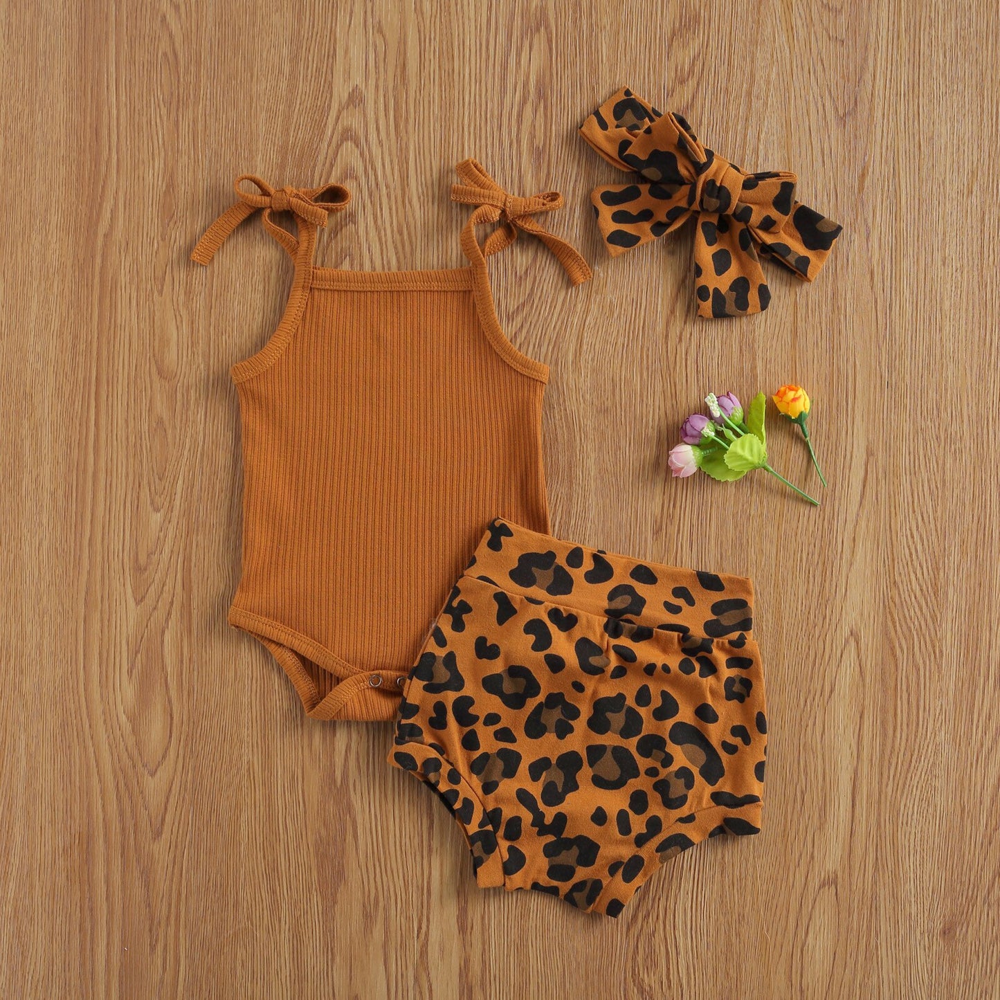 lioraitiin 0-18M Infant Newborn Girls 3 Pcs Outfits Suits Sling Tank Kinitting Tops Romper Tops Leopard Shorts Headband Sets