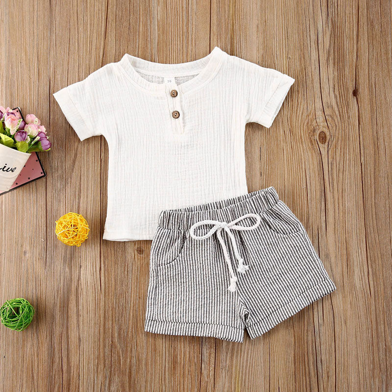 lioraitiin 0-3Years Toddler Baby Girl Clothing Set Short Sleeve White Cotton Top Shirt Striped Printed Shorts 2Pcs Outfit Set