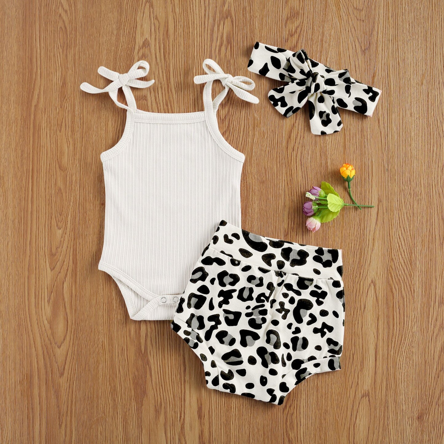 lioraitiin 0-18M Infant Newborn Girls 3 Pcs Outfits Suits Sling Tank Kinitting Tops Romper Tops Leopard Shorts Headband Sets