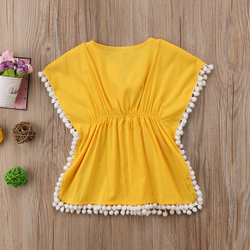 lioraitiin New Fashion Kids Baby Girls Dress Beach Sundress Short Sleeve O-Neck Cotton Flower Fringe Dresses Bikini Cover