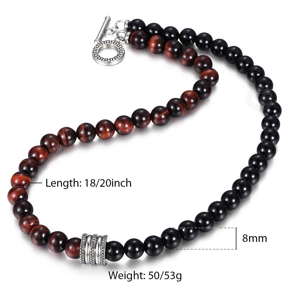 Natural Red Tiger Eyes Map Stone Necklace For Men Unisex Stainless Steel Matte Black Bead Necklace Male Jewelry Gift TNB001A