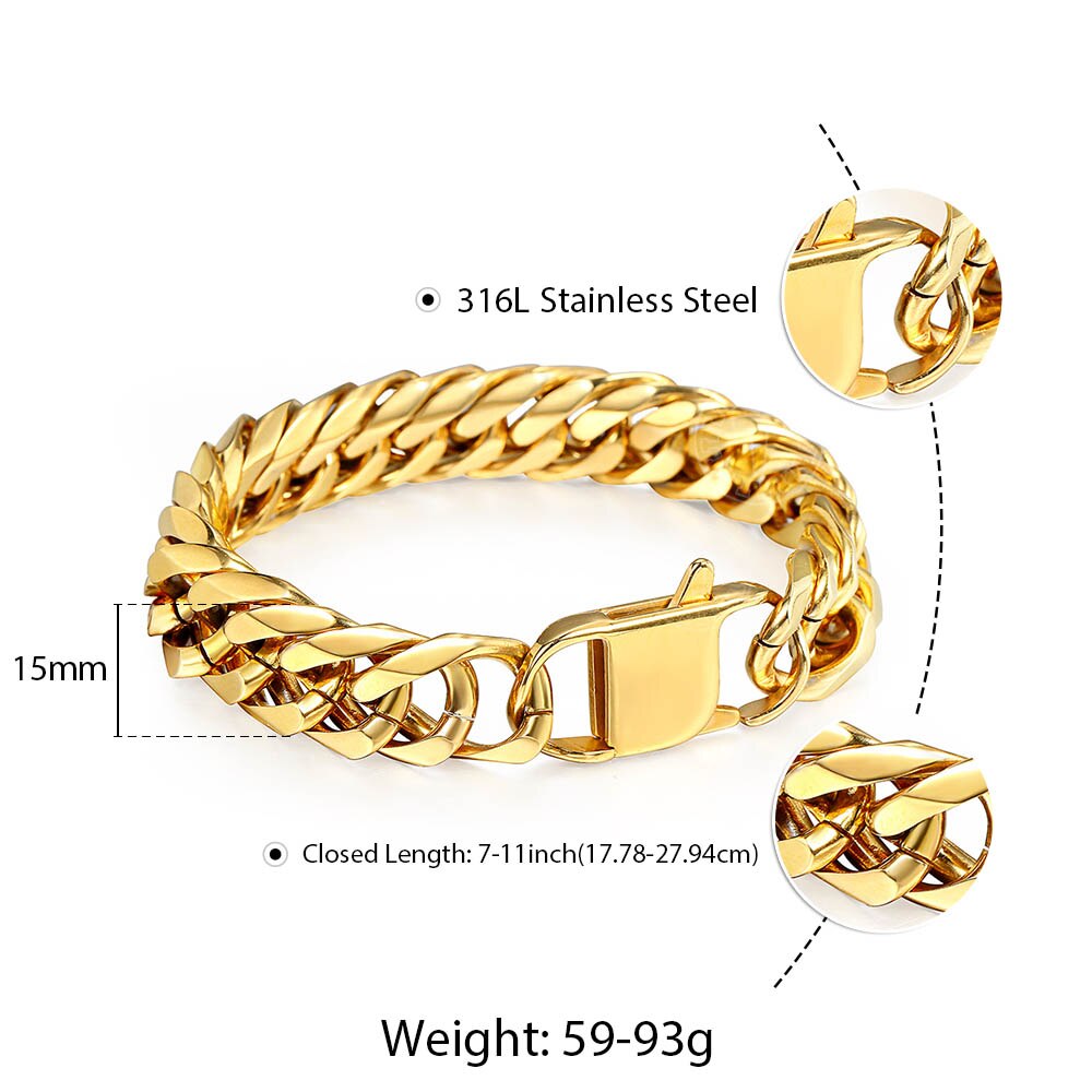 10mm 15mm Gold Color Black 316L Stainless Steel Bracelet for Men Double Curb Cuban Link Rombo Heavy Hiphop Male Jewelry HB513