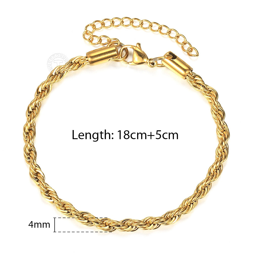 Vintage Mens Womens Stainless Steel Rope Bracelets 2/3/4/5mm Twisted Cable Chain Wrist Jewelry Length Adjustable KBB13C