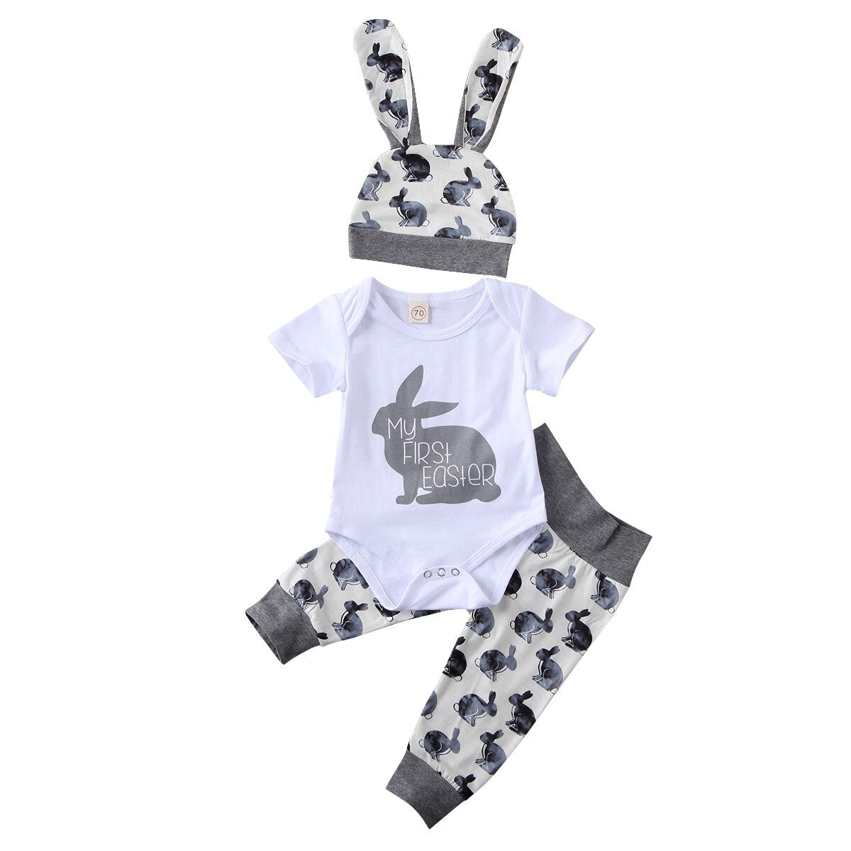 lioraitiin  0-18M Newborn Infant Baby Boy Girl Easter Clothing Set 3Pcs Short Sleeve Rabbit Printed Romper Top Long Pant Hat