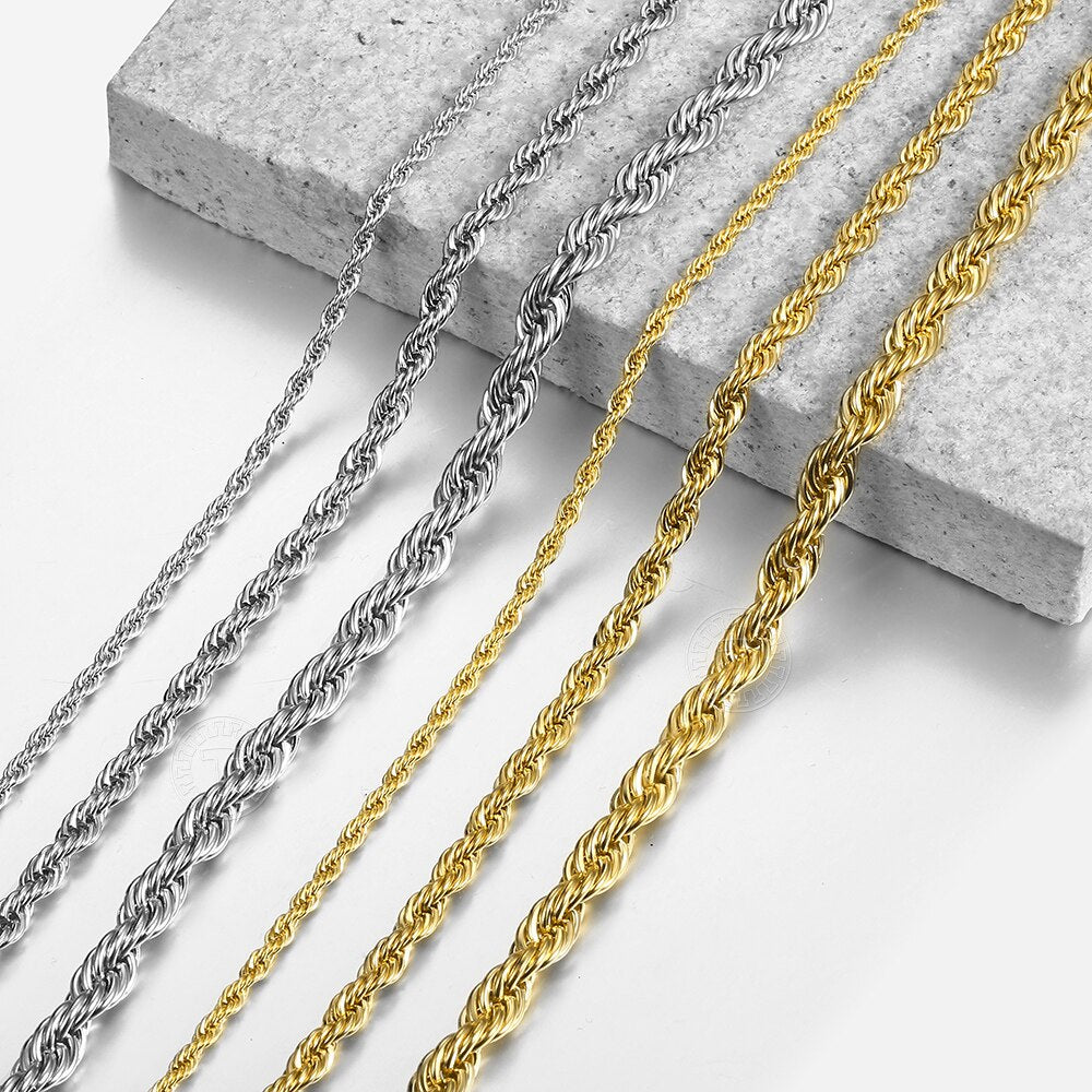 3/5/7mm Twisted Rope Chain Necklace Stainless Steel Choker Men Women Jewelry Gold Silver Color Chains Gift 22inch KNM178US