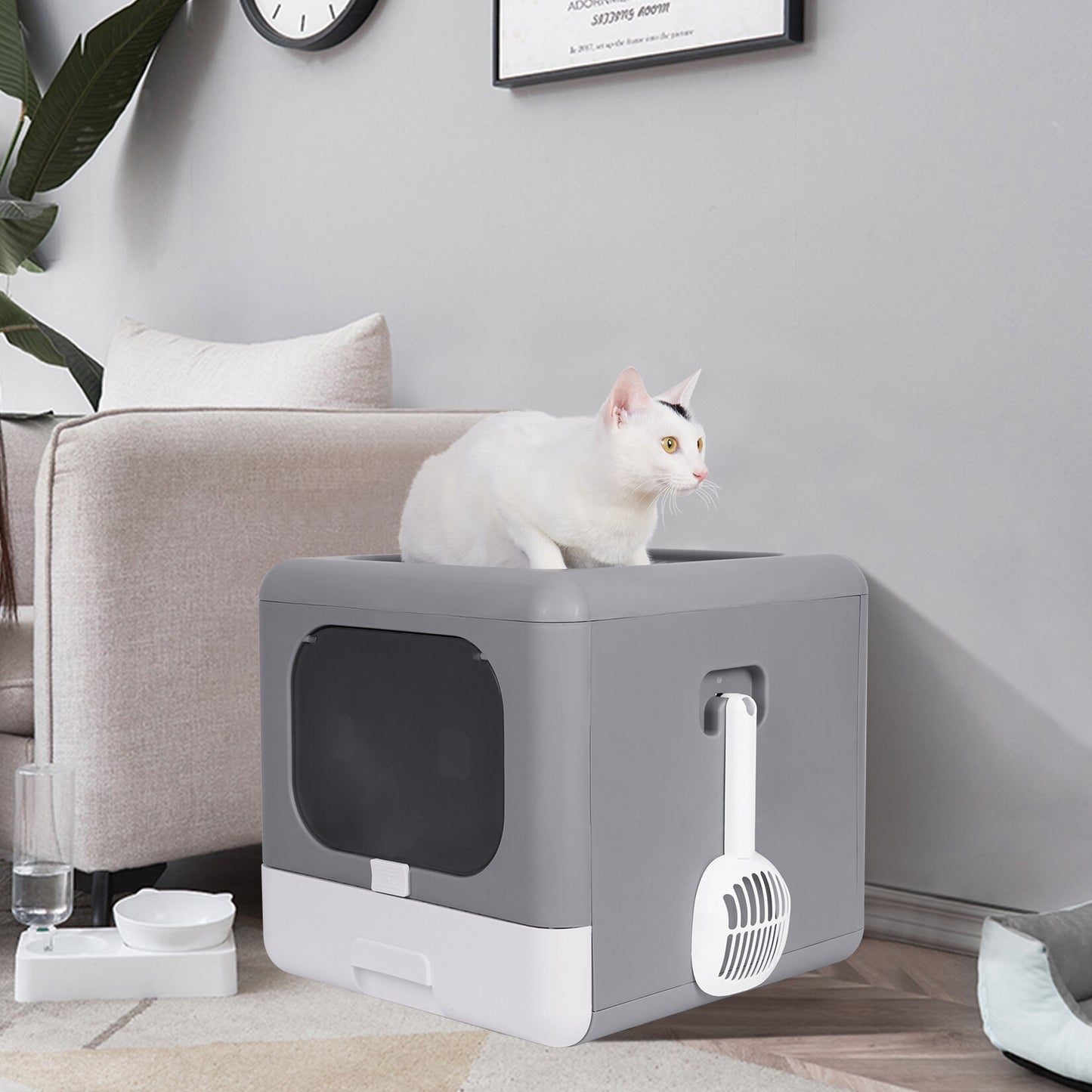 Cat Litter Box Foldable Top Entry Litter Box with Cat Litter Scoop Drawer for Medium and Large Cats