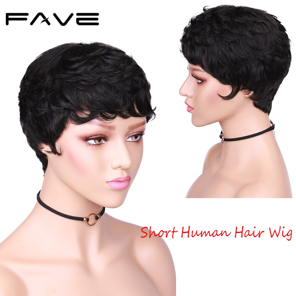 FAVE Short Pixie Cut Human Hair Curly Wigs For Women Natural Black Remy Hair Natural Look High Density Glueless Cheap Human Wigs