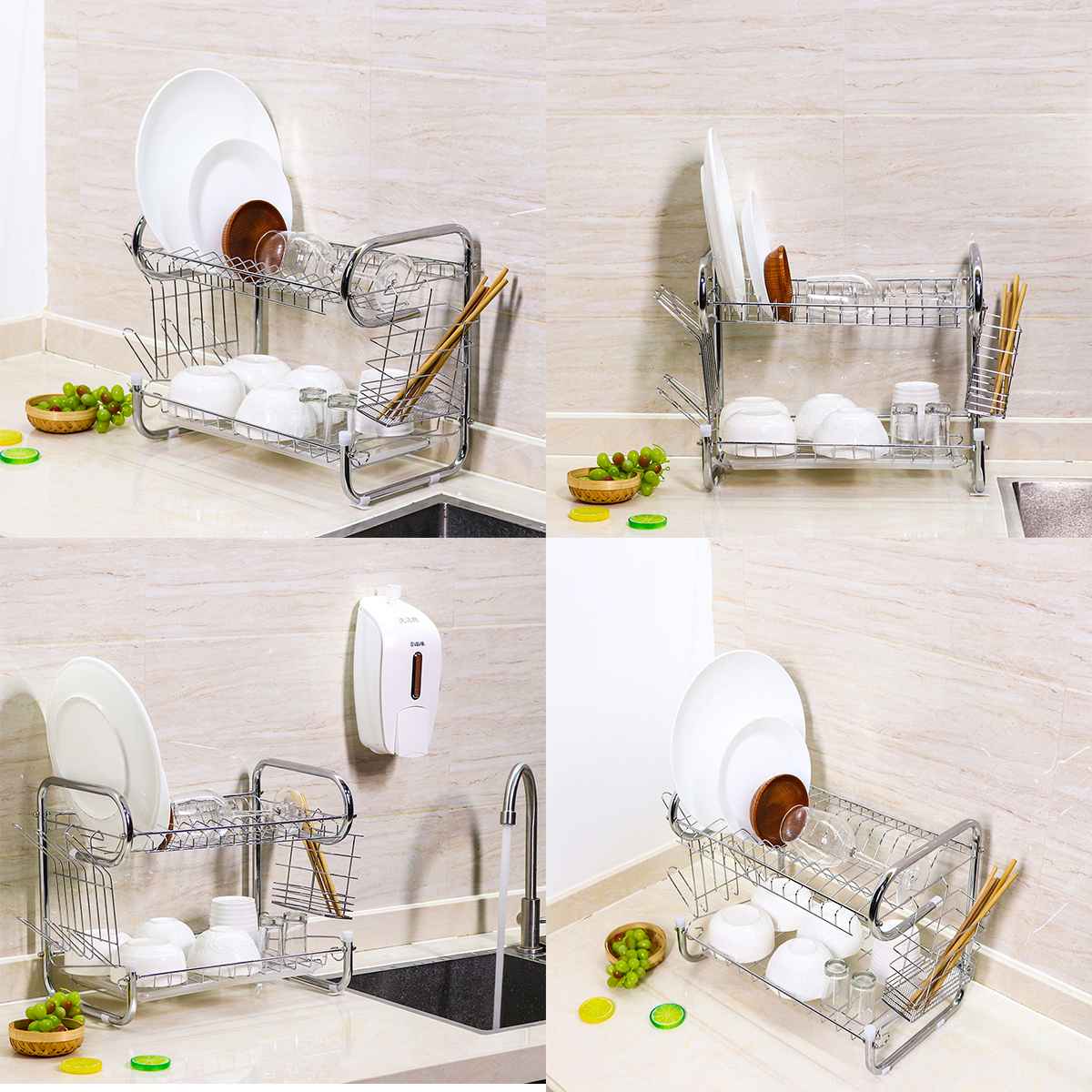 2 Tier Multi-use Stainless Steel Dishes Rack Sink Drain Rack Adjustable Kitchen Organizer Rack Dish Shelf Sink Drying Rack