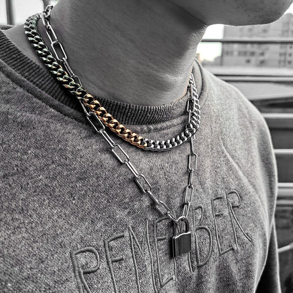 Stainless Steel Paperclip Box Rolo Chain Lock Pendant Necklace for Men Women Couple Jewelry Length Adjustable Dropshipping DNM36