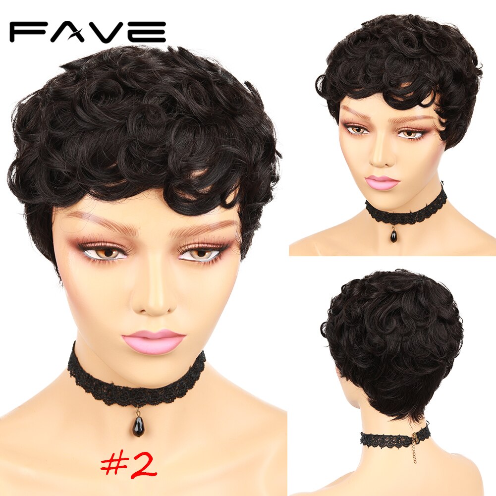 FAVE Short Pixie Cut Human Hair Curly Wigs For Women Natural Black Remy Hair Natural Look High Density Glueless Cheap Human Wigs