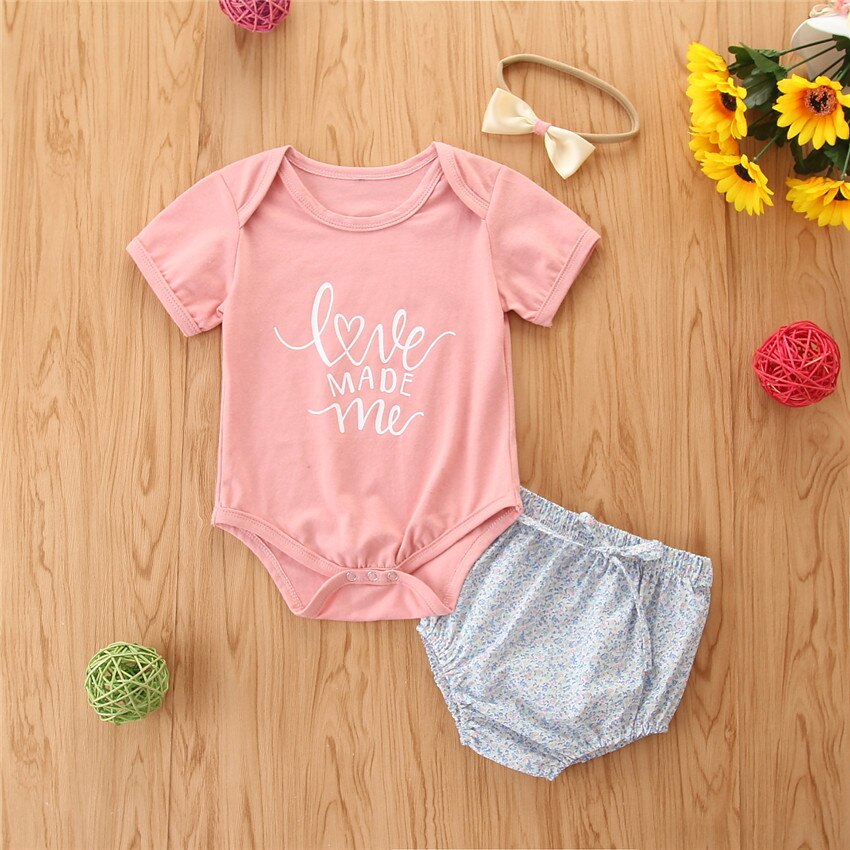 lioraitiin 0-24M Newborn Toddler Girl Short Sleeve Romper Shorts Bow Hair Accessories Letter Printing Elastic Waist Clothing