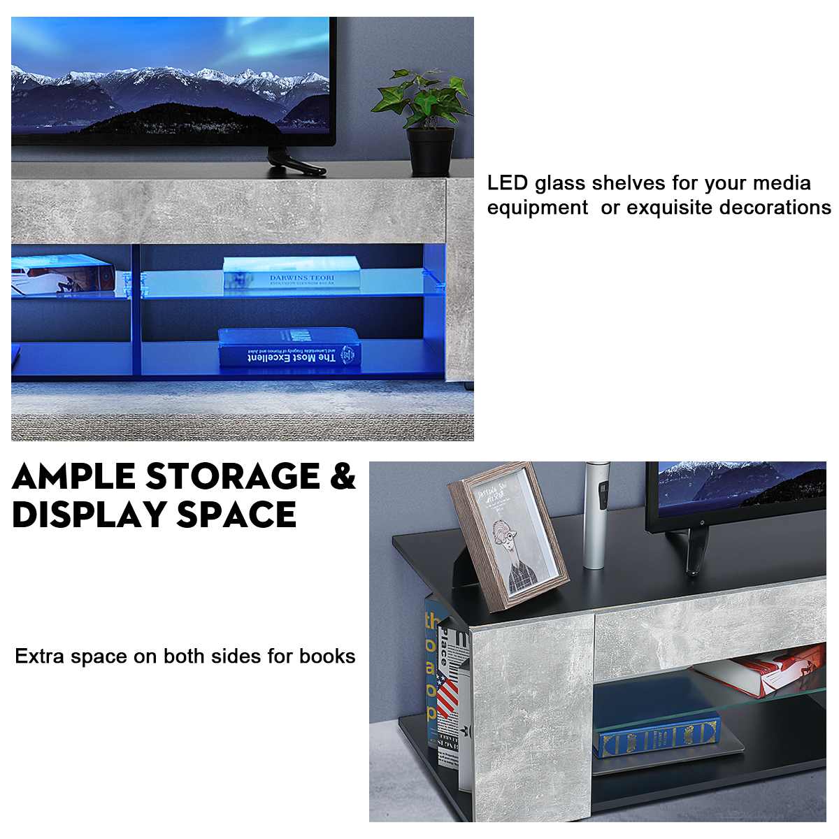 Modern RGB LED TV Stands Home Living Room Lighting Furniture TV Tables TV Unit Bracket With 2 Side Cabinet Storage Organizer