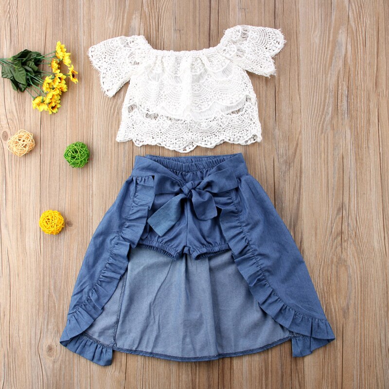 lioraitiin New Fashion Summer Girl Clothe Set Kid Lace Off-shoulder T-shirt Top Pants Princess Skirt Party Outfits Clothes