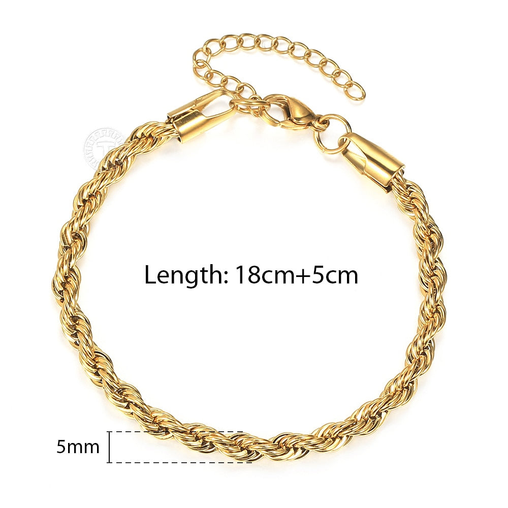 Vintage Mens Womens Stainless Steel Rope Bracelets 2/3/4/5mm Twisted Cable Chain Wrist Jewelry Length Adjustable KBB13C