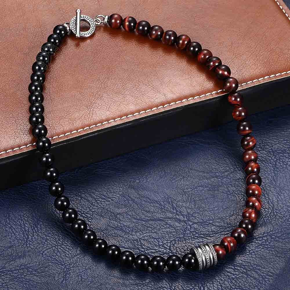 Natural Red Tiger Eyes Map Stone Necklace For Men Unisex Stainless Steel Matte Black Bead Necklace Male Jewelry Gift TNB001A