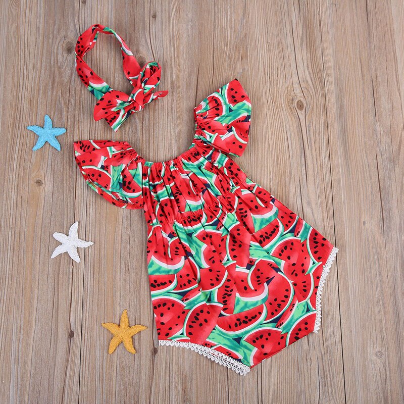 Pudcoco US Stock New Fashion Toddler Baby Girls Print Watermelon Clothes Outfits Off Shoulder Jumpsuit Romper+Headband Playsuit