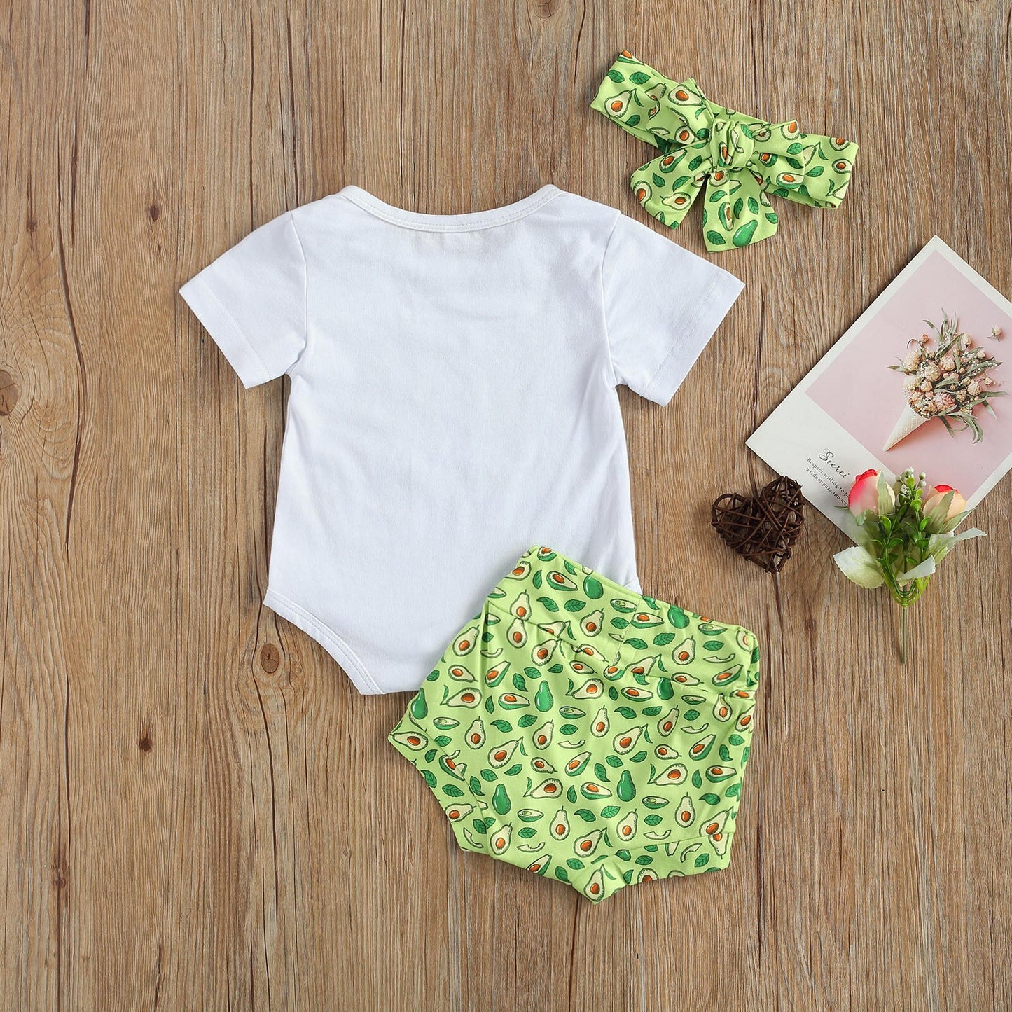 lioraitiin 0-18M Infant Baby Girl Romper Tops Pants Suit Avocado Printed Pattern Short Sleeve Shirt Loose Summer Shorts