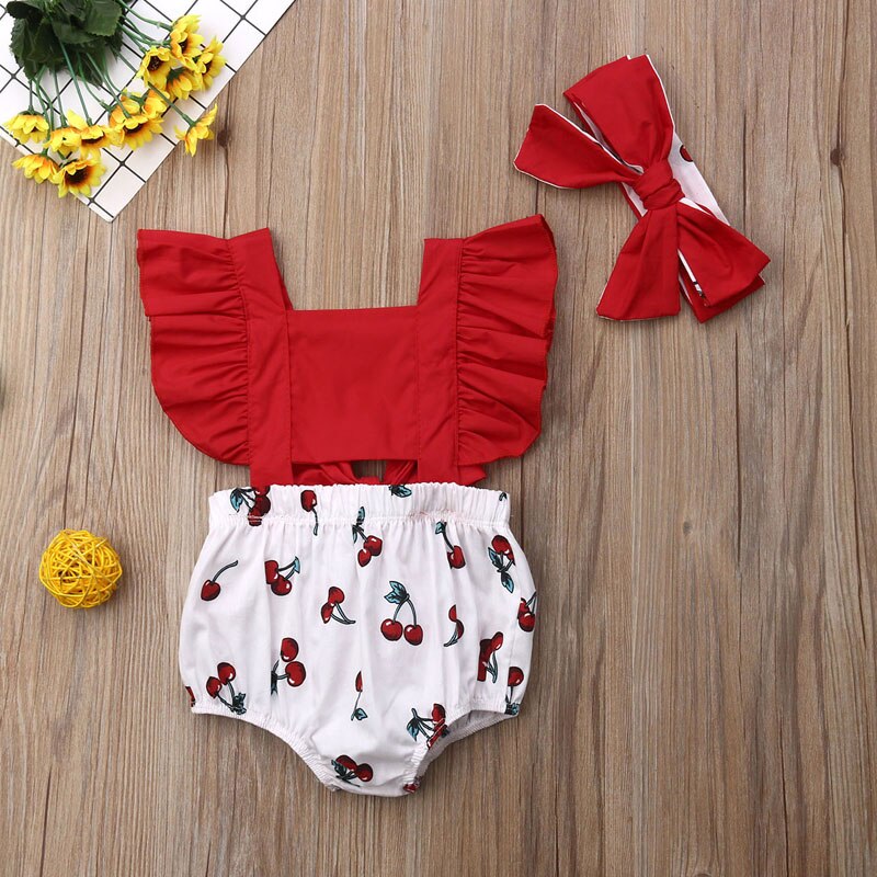 Pudcoco US Stock 2Pcs Newborn Kids Baby Girl Ruffle Romper Print Cherry Big Bow Headband 2PCS Outfits Summer Set 0-18M