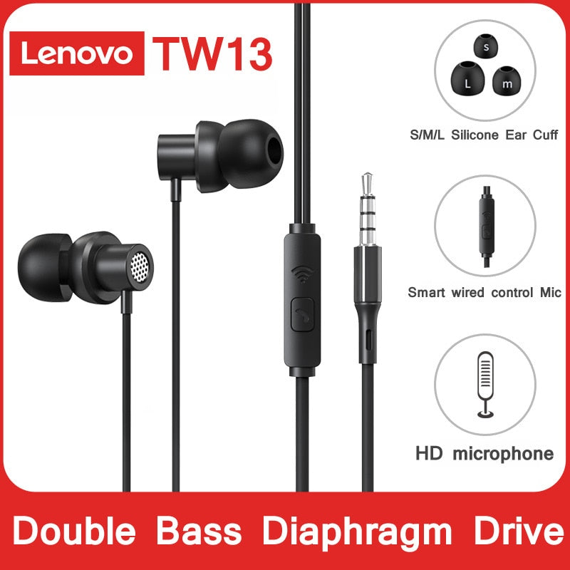 Lenovo TW13 Extra Bass Headphone wired Earphone 3.5mm Earphone With Microphone Sport InEar Headset auriculare for Samsung Xiaomi