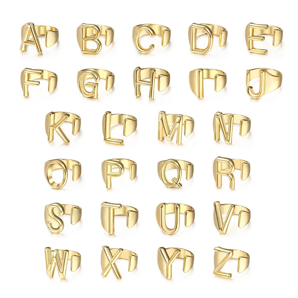 Gold Color 26 Letters Opening Ring Hollow Initials Name Adjustable Finger Rings For Women Trendy Jewelry Gift Dropshipping GR68A