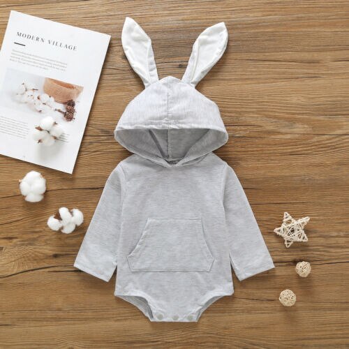 Pudcoco US Stock New Rabbit Ear Infant Baby Boys Girls Fall Clothes Long Sleeve Hooded Jumpsuit Fashion Autumn Clothes Outfit