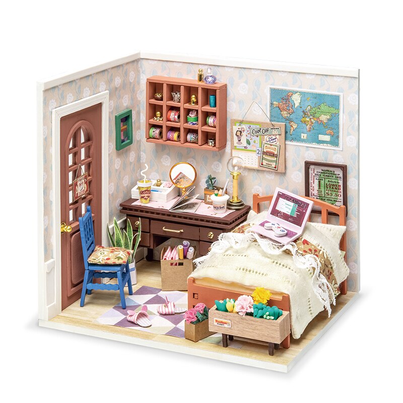 Robotime DIY Studio Bedroom Dining Room House with Furniture Children Adult Doll House Miniature Dollhouse Wooden Kits Toy DGM