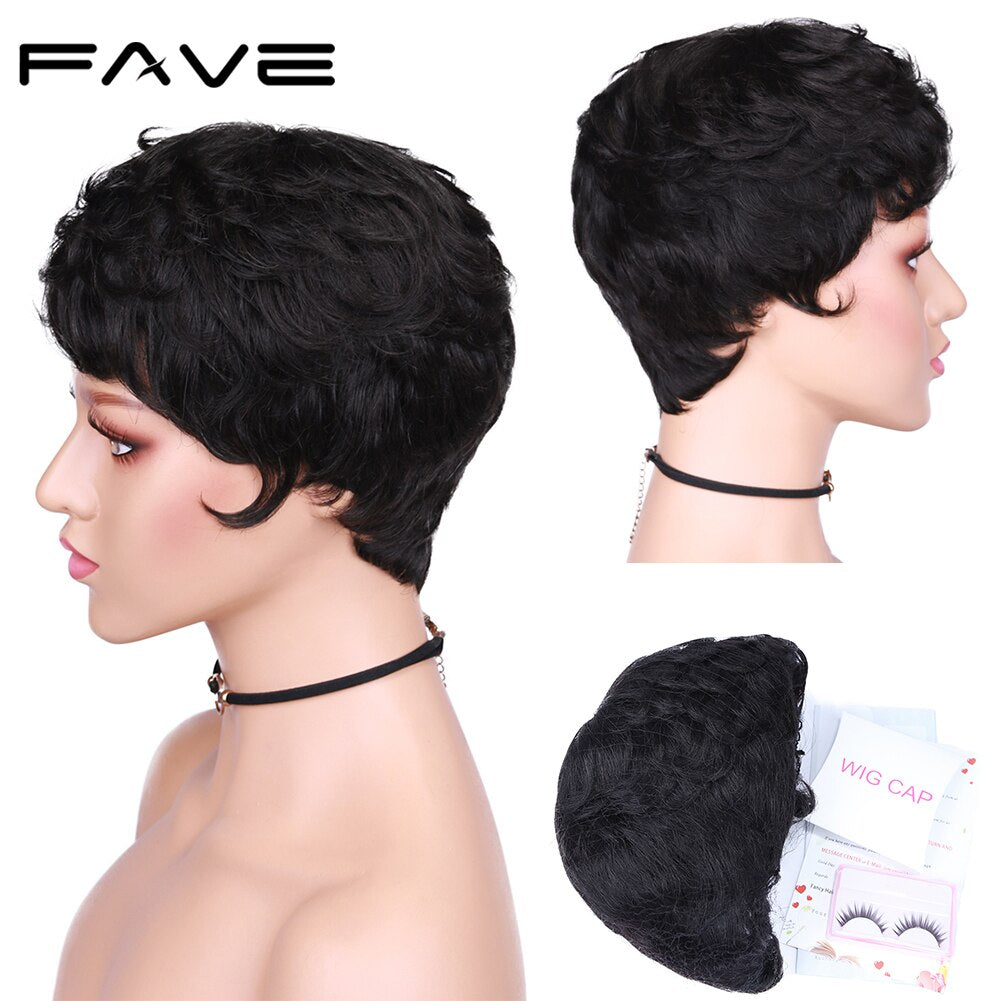 FAVE Short Pixie Cut Human Hair Curly Wigs For Women Natural Black Remy Hair Natural Look High Density Glueless Cheap Human Wigs