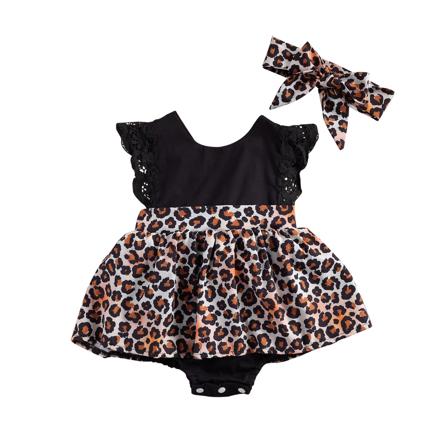 lioraitiin 0-2Years Newborn Baby Girl 2PcsSummer Outfits Splicing Leopard Print V-Neck Backless Romper Skirt + Hairband