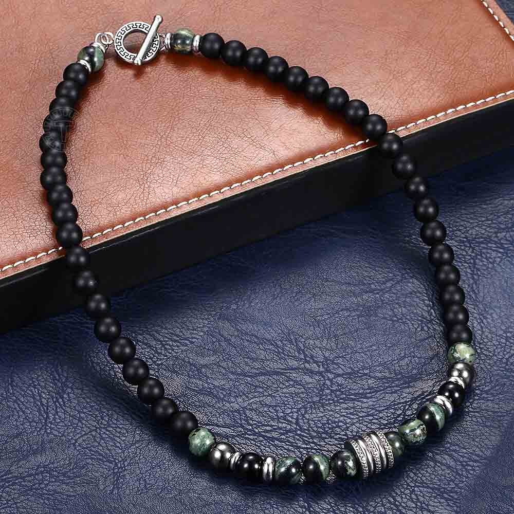 Natural Red Tiger Eyes Map Stone Necklace For Men Unisex Stainless Steel Matte Black Bead Necklace Male Jewelry Gift TNB001A